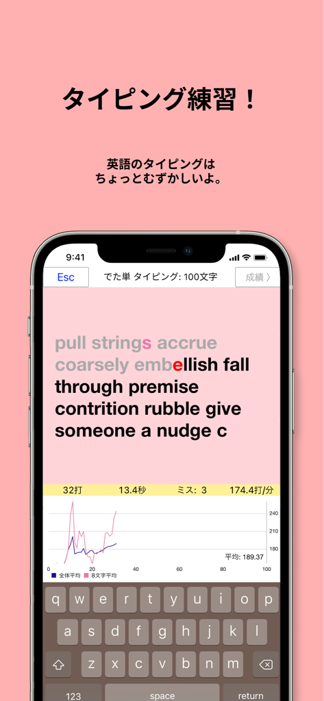 A mobile screen showing English vocabulary typing practice with a performance graph and a virtual keyboard.