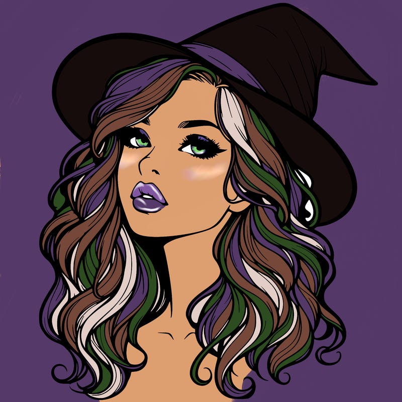 realistic witch girl with wavy hair and lips