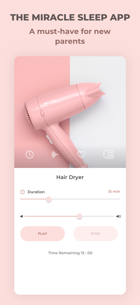 Sleeptot app interface showing the hair dryer white noise sound and sleep timer settings for babies