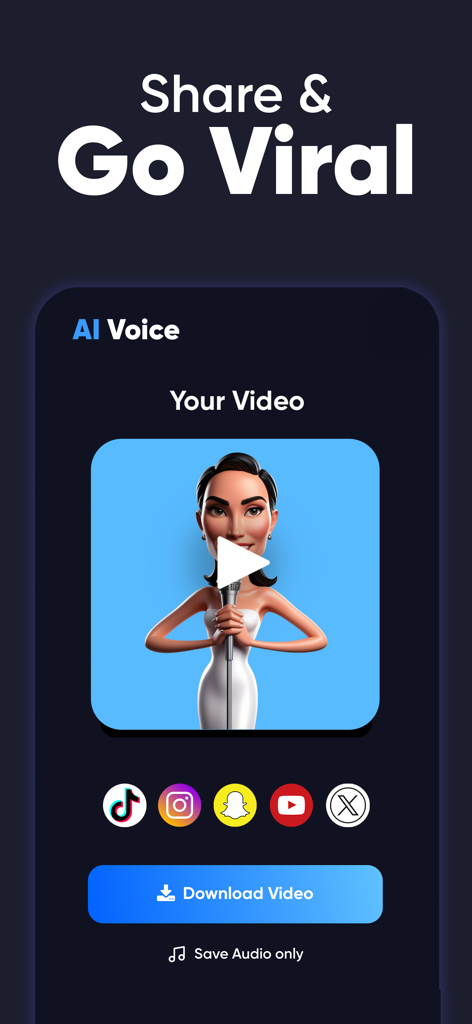 AI Voice - Voice Changer - AI Voice app interface showing a generated video preview with options to download and share to social media platforms like TikTok and Instagram