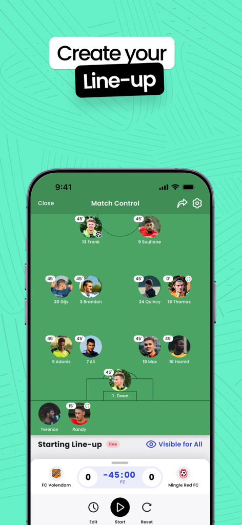 Mingle Sport mobile app interface showing a soccer team line-up and match control screen