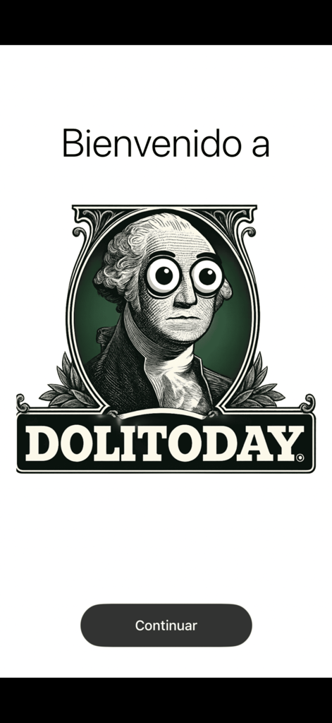 Schermata di benvenuto per l'app DOLITODAY con una stilizzata mascotte di George Washington e un pulsante di continuazione