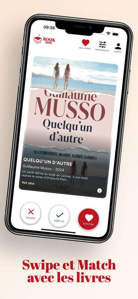 Booklink - Smartphone screen showing the Booklink app interface with a book recommendation card and swipe buttons for discovery.