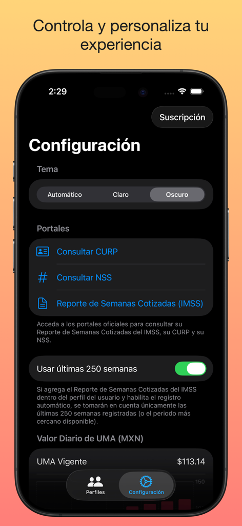 Pantalla de configuración de la app MiPensión.MX con personalización de tema y enlaces a portales del IMSS.