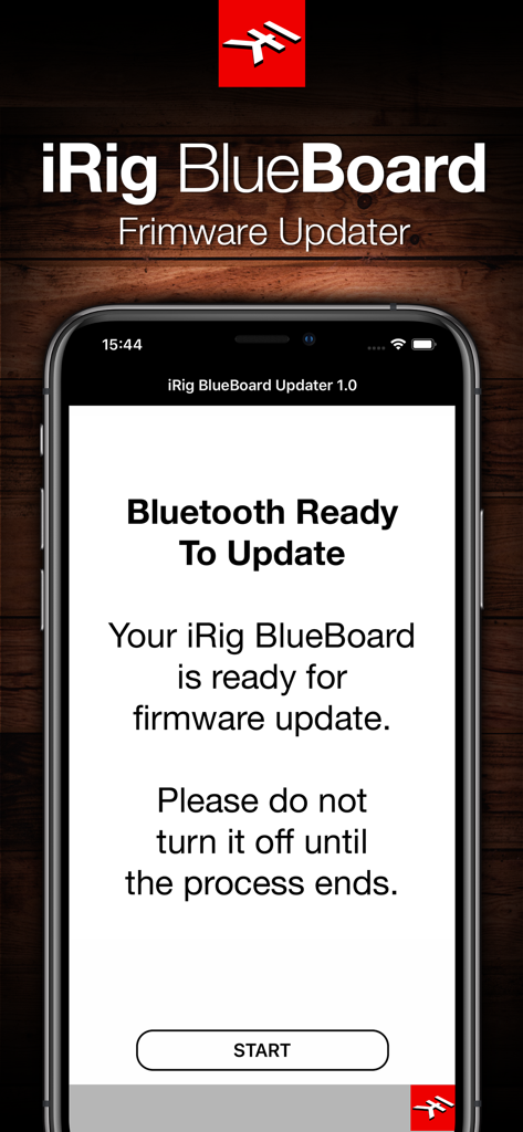 Pantalla del Actualizador iRig BlueBoard mostrando que el dispositivo está listo para una actualización de firmware inalámbrica