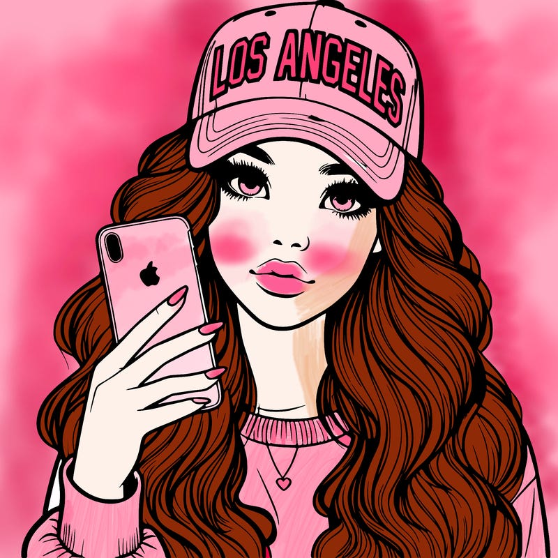 realistic beautiful girl wearing los ángeles cap holding an iphone