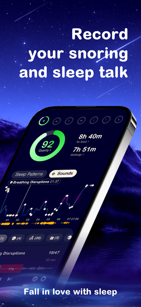 A mobile interface of the SleepMo app displaying a sleep quality score and a graph of snoring and dream talk recordings.
