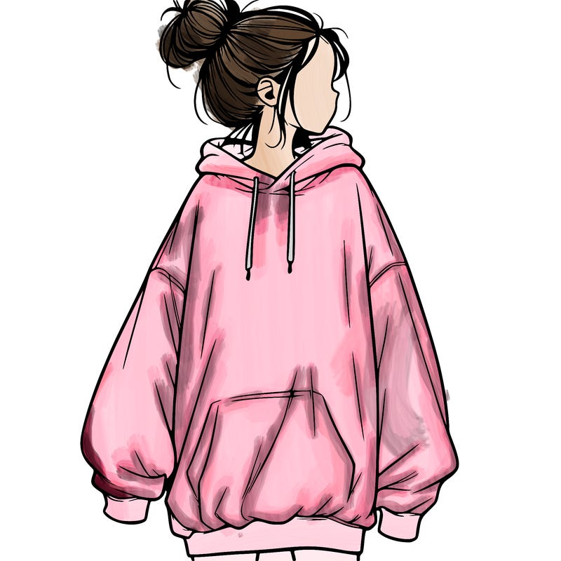 realistic girl with a oversized sweatshirt on and a bun