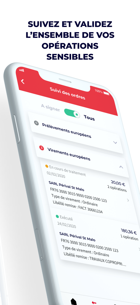 Interface de banque d'entreprise pour le suivi et la validation des virements sur l'application mobile Sogecash Net SG