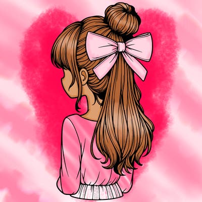 realistic girl  with hip length hair a bun and a big bow on the back of head