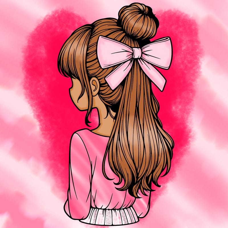 realistic girl  with hip length hair a bun and a big bow on the back of head