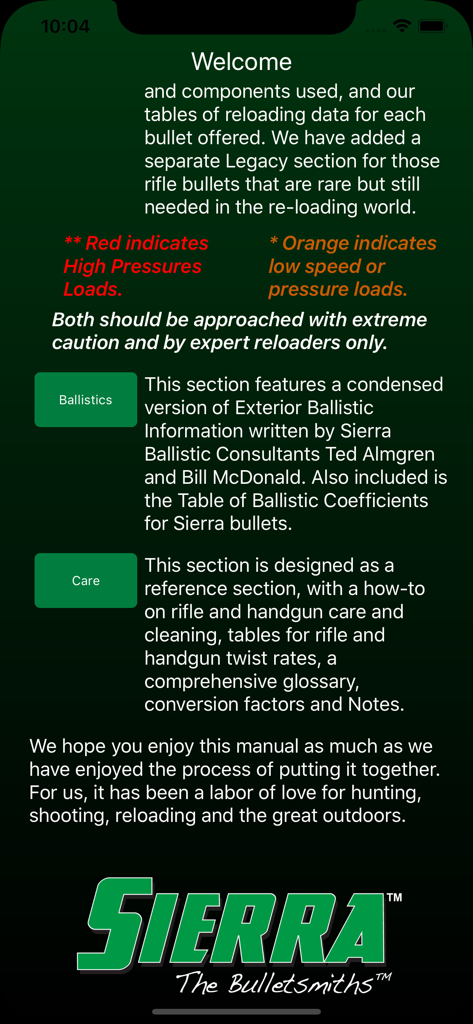 Sierra Reloading Manual v6.0 - Sierra Reloading Manual app welcome screen with ballistic and care information