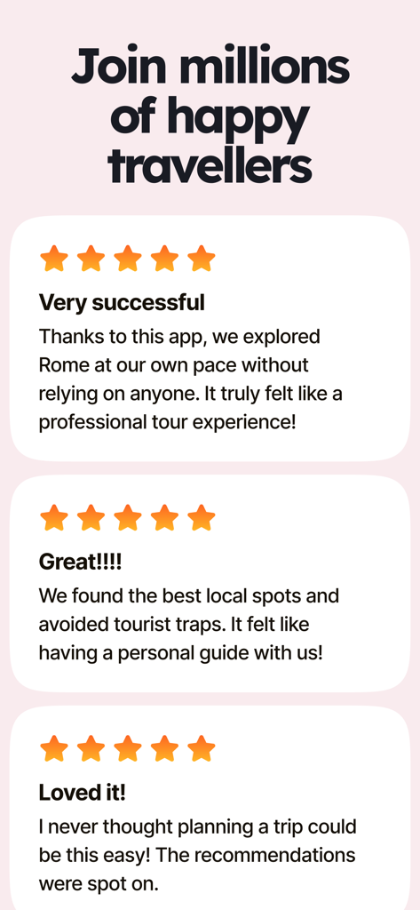 Recensioni positive degli utenti per Piri Travel Guide and Planner che mostrano valutazioni elevate e testimonianze di viaggiatori felici