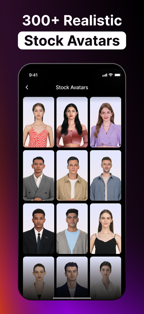 A mobile interface showing a library of diverse and realistic AI stock avatars for video creation.