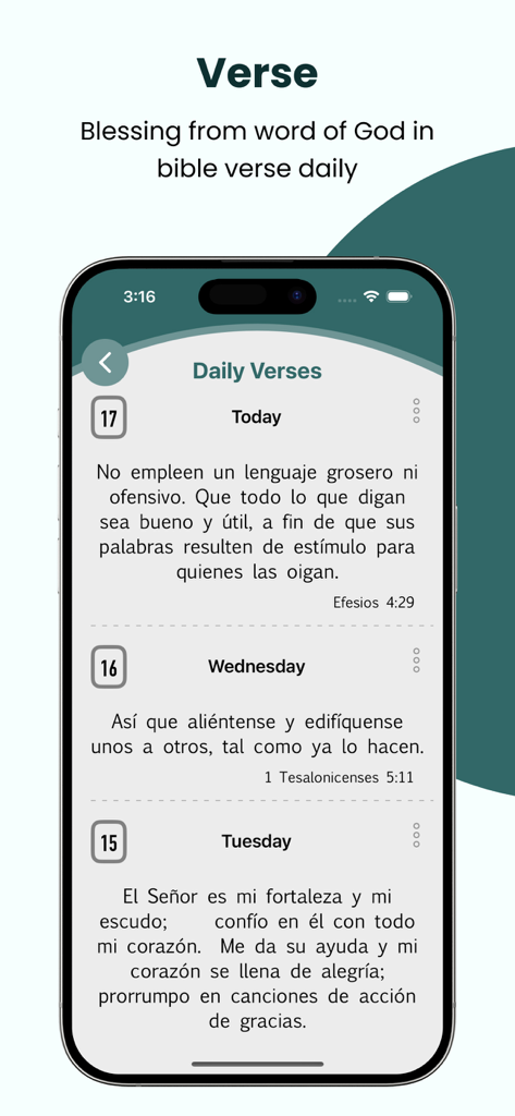 Interfaz de la aplicación móvil que muestra versículos bíblicos diarios en español de la traducción NTV.