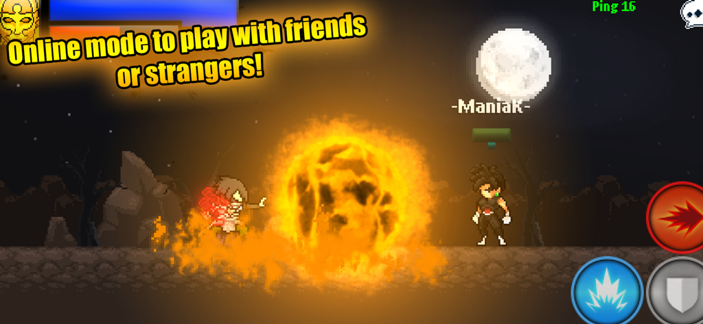 Warriors of the Universe - Dos personajes pixel art estilo anime luchando en modo multijugador online con una gran explosión de energía de bola de fuego