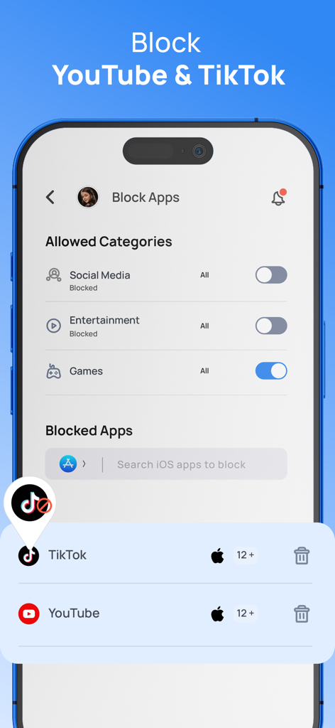 Parental Control App: Mobicip - Mobicip parental control app interface showing options to block YouTube and TikTok