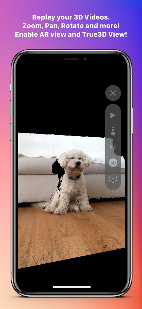 Record3D — 3D Videos - Interfaz de la aplicación Record3D mostrando una repetición de video volumétrico 3D de un perro blanco pequeño en un iPhone