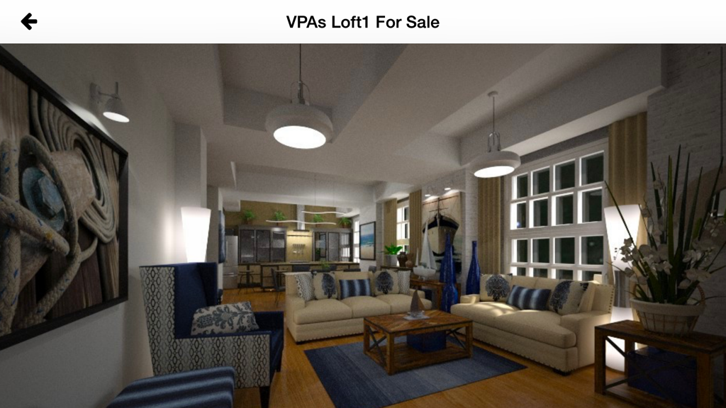 Renderizado 3D de una sala de estar tipo loft moderno con sofás azules y decoración náutica