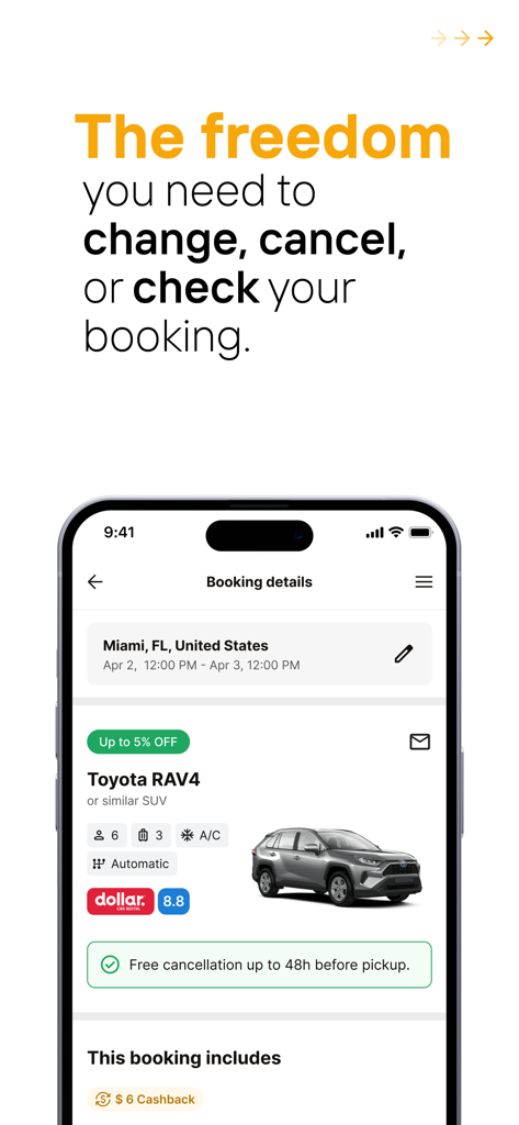 무료 취소 및 캐시백 혜택이 있는 Toyota RAV4 렌터카 예약 세부 정보를 보여주는 Rentcars 앱 인터페이스