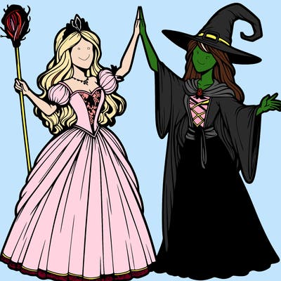 detailed realistic split of a princess and a witch