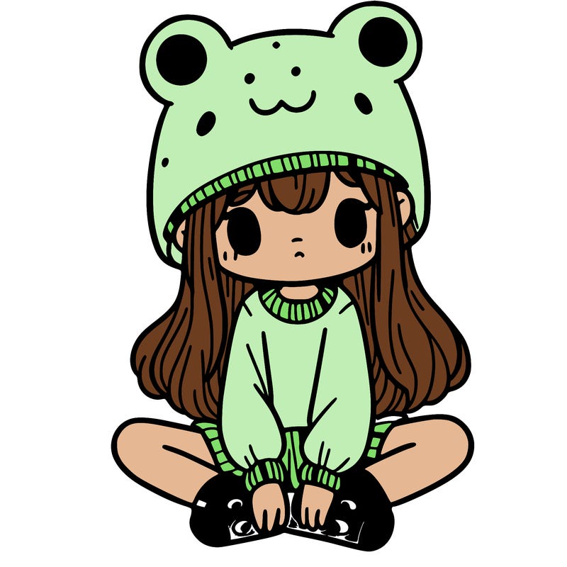 a girl wearing a frog hat and some frog socks