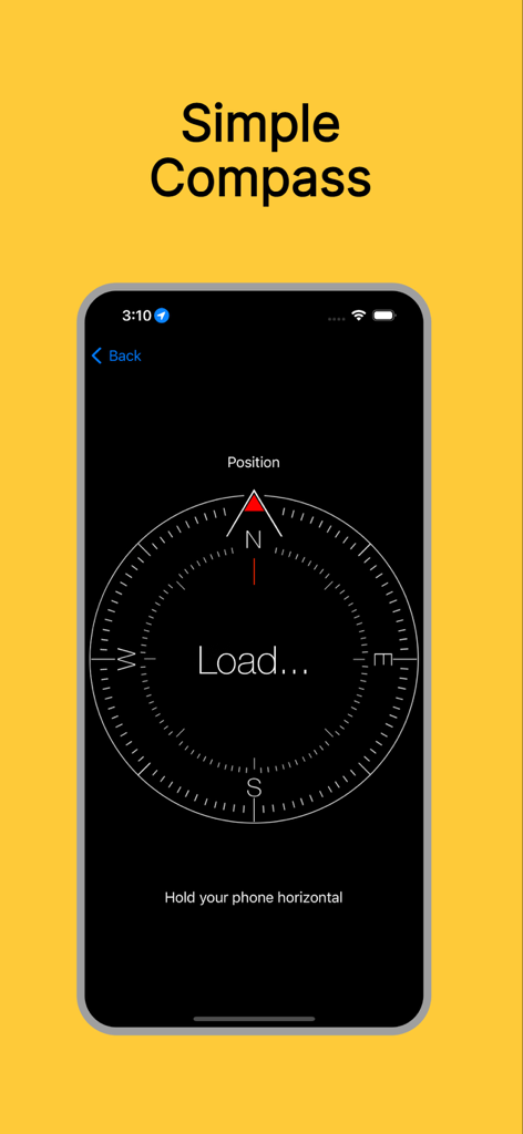 Simple Compass-Your Direction - A screenshot of the Simple Compass mobile app showing a large easy to read compass dial on a dark background