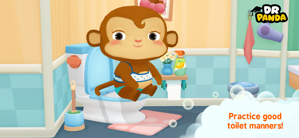 A cartoon monkey character sitting on a toilet in a bathroom practicing hygiene routines