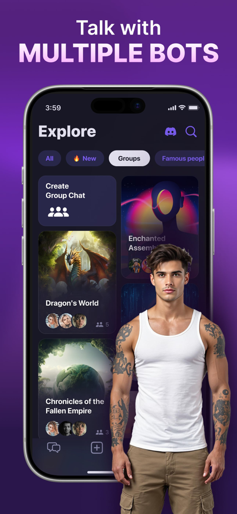Botify AI: Create. Chat. Bot - Interface of the Botify AI app showing the explore section with group chat options and a realistic AI character.