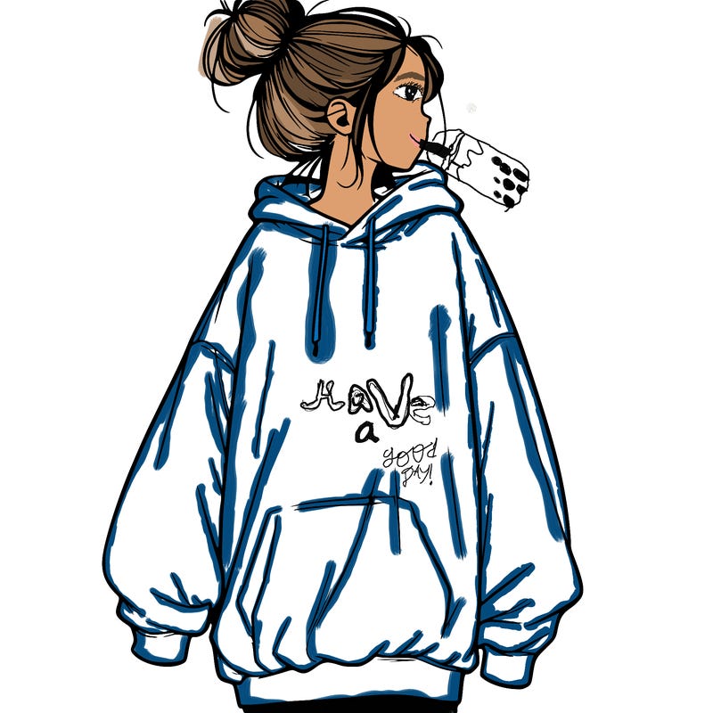 realistic girl with a oversized sweatshirt on and a bun