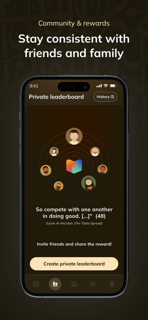 Niyyah | MuslimGPT Companion - A screenshot of the Niyyah app showing the private leaderboard feature to stay consistent with friends and family.