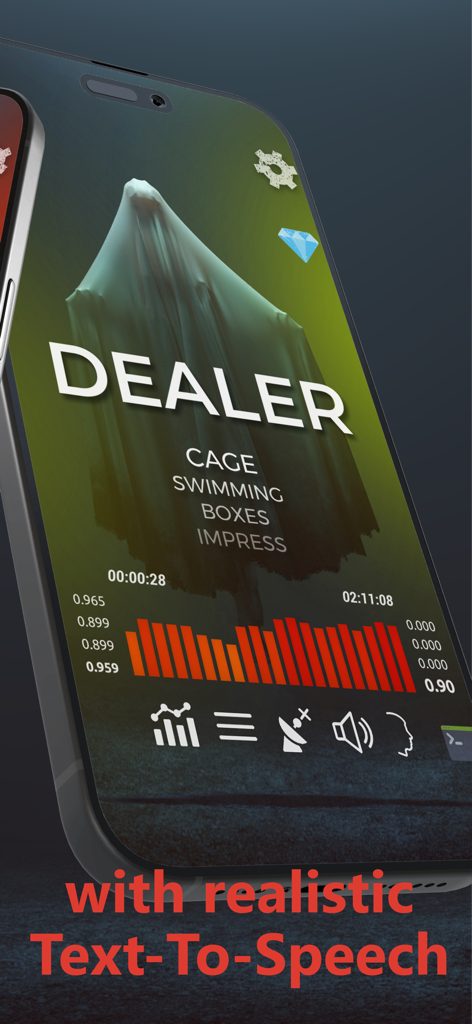 Spirit Chat Box - Ghost Talker - Interfaccia dell'app Spirit Chat Box che mostra una figura spettrale e parole con la funzione di sintesi vocale