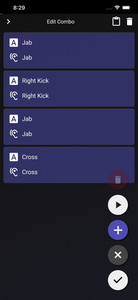 Kruboss Bag Work - ストライクのシーケンスであるジャブと右キックの指示を示す、コンボ編集用のモバイルアプリインターフェイス。