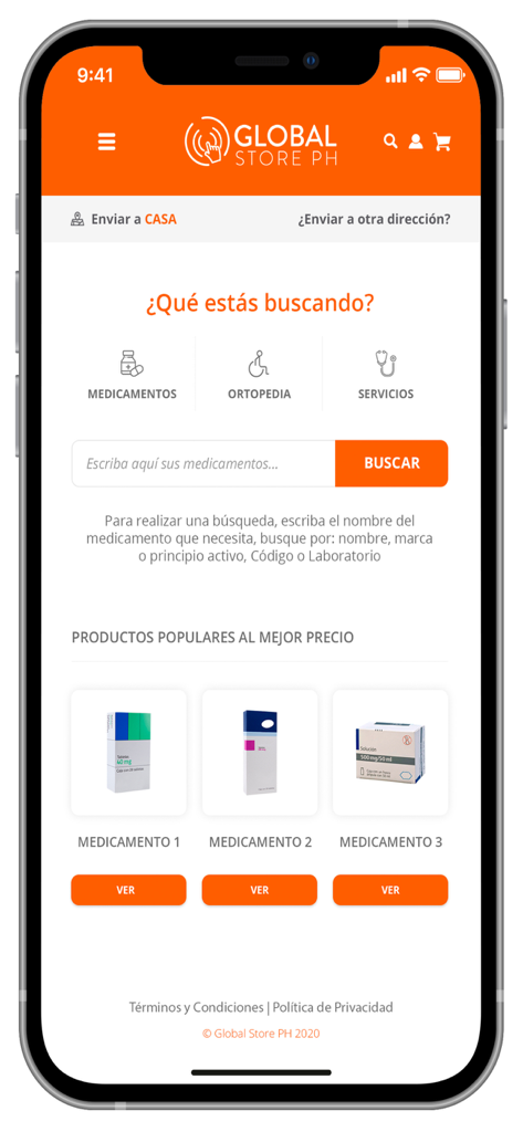 Tela inicial do aplicativo Global Store PH com categorias de produtos e barra de pesquisa