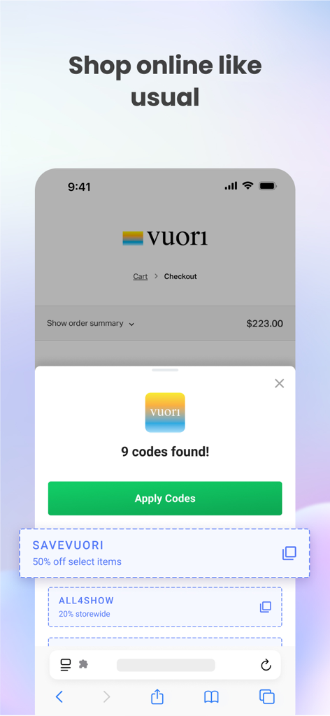 Shop Mail Safari extension finding nine coupon codes at the Vuori checkout