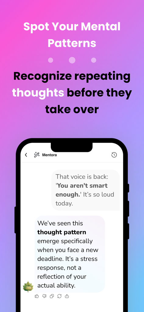 Felt – AI Journal Buddy - Interface de diário de IA mostrando um chat com Mentora sobre a identificação de padrões de pensamento recorrentes e respostas ao estresse.