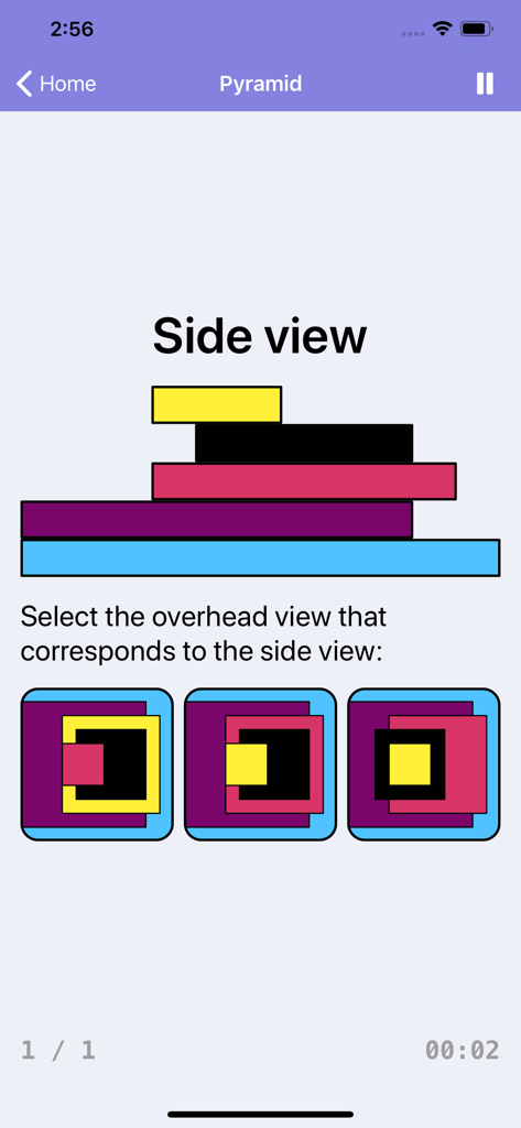 Spatial reasoning puzzle in the Brainilis app matching a side view to an overhead view.