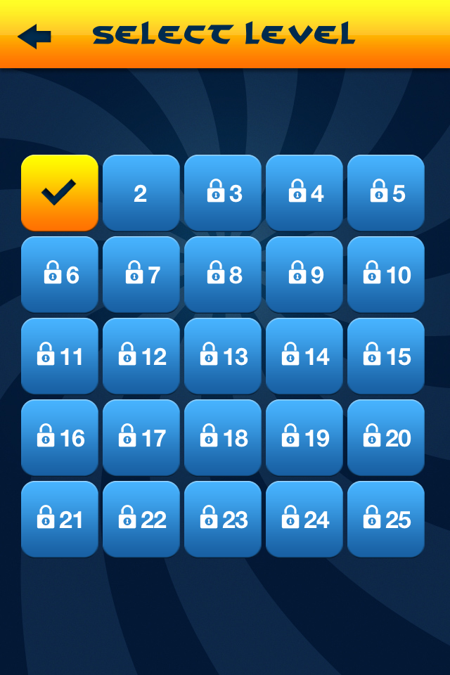WordApp2 - 4 Pics, 1 Word, What's that word? second edition - Level selection screen in WordApp2 showing a grid of 25 levels with lock icons and a checkmark for completed progress.