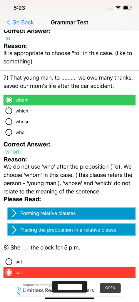 English Grammar in Use & Test - クイズの問題と正解、および文法的な理由の説明を示す英語文法テスト画面。