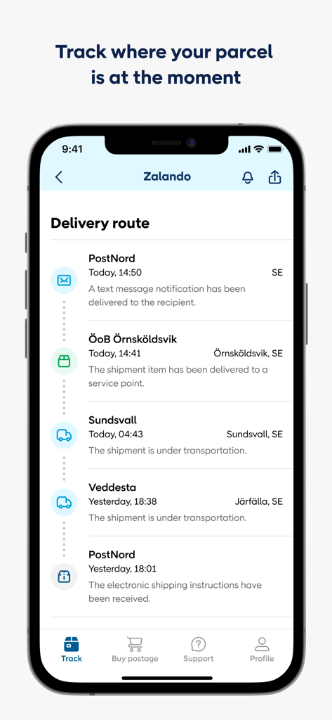 Mobile interface of the PostNord app displaying a detailed delivery route for a parcel shipment with status updates and timestamps.