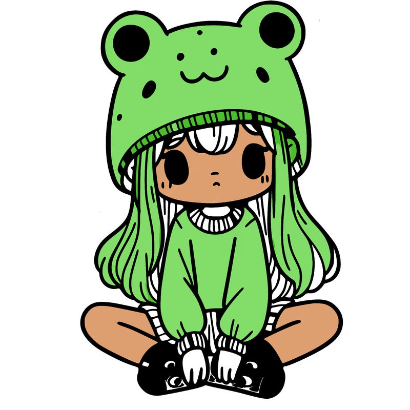 a girl wearing a frog hat and some frog socks