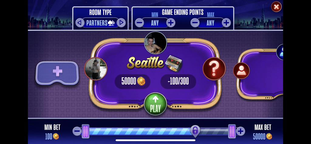 Spades Tournament online game - Game lobby interface for Spades Tournament online featuring a Seattle themed table and partner mode