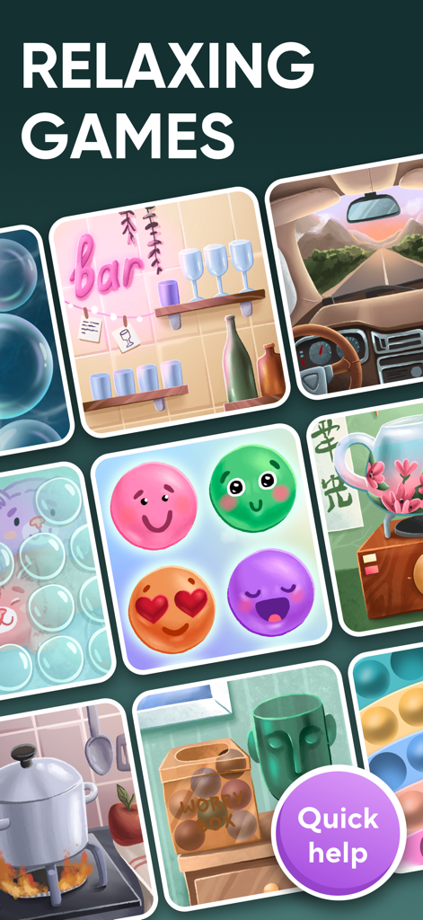 Relaxing Games by StressBall+ - Interface showing various colorful mini games for stress relief and relaxation in the StressBall plus app