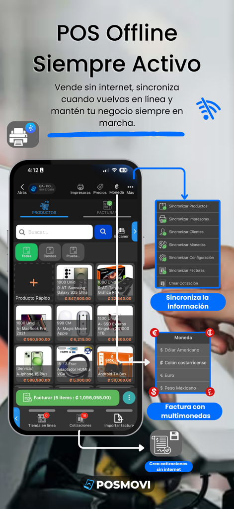 POSMOVI - POSMOVI mobile app interface showing offline POS sales and data synchronization features