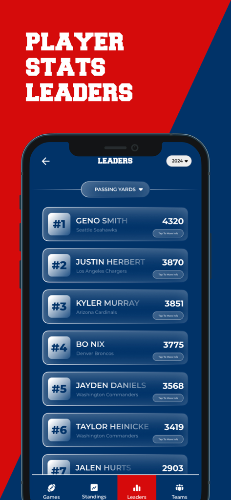 Streameast - Live sports, IPTV - Mobile app interface displaying a ranked list of NFL player passing yard leaders including Geno Smith and Justin Herbert