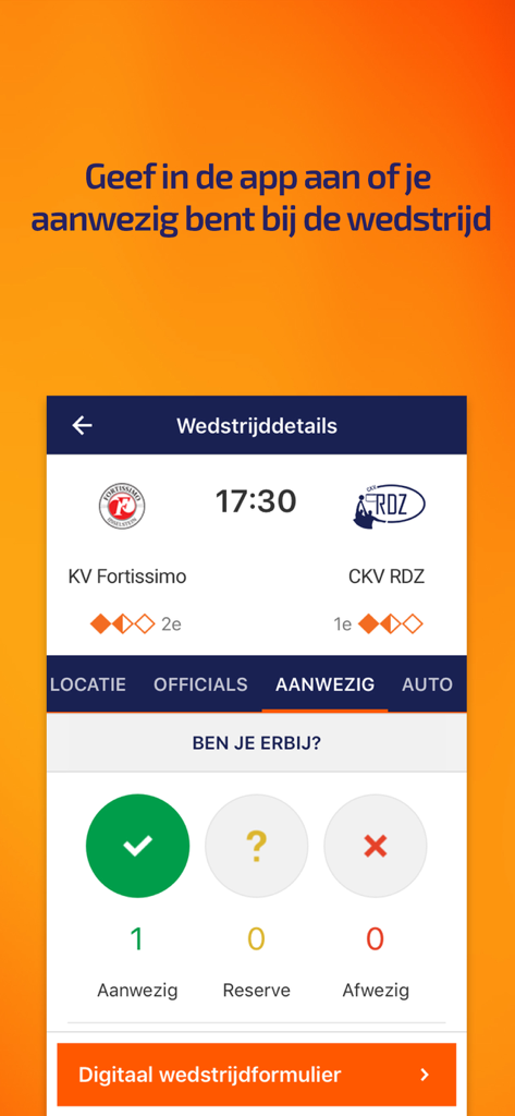 Pantalla de la aplicación KNKV Wedstrijdzaken para el seguimiento de la asistencia a partidos de korfball