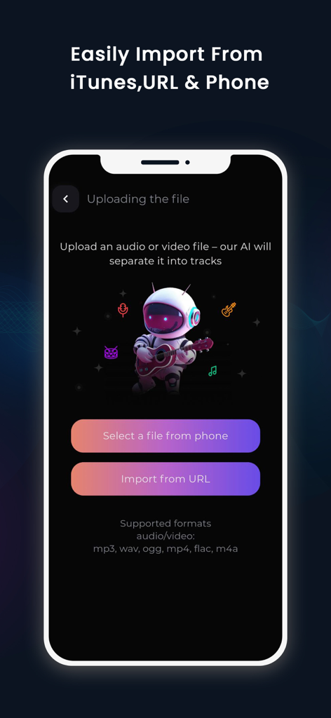 unMix app interface showing options to import music or video files from phone storage and URLs