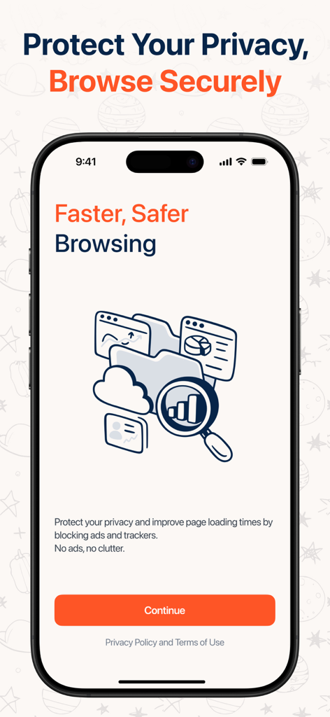 Adslocker - Spam & AD Blocker - Adslocker app screen highlighting privacy protection and faster browsing benefits