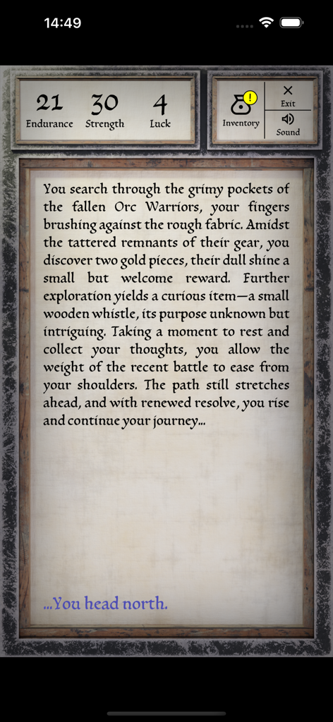 Interfaz de texto narrativo del juego móvil Hero Of Fate que muestra estadísticas de personajes y una descripción de la historia de saquear orcos.