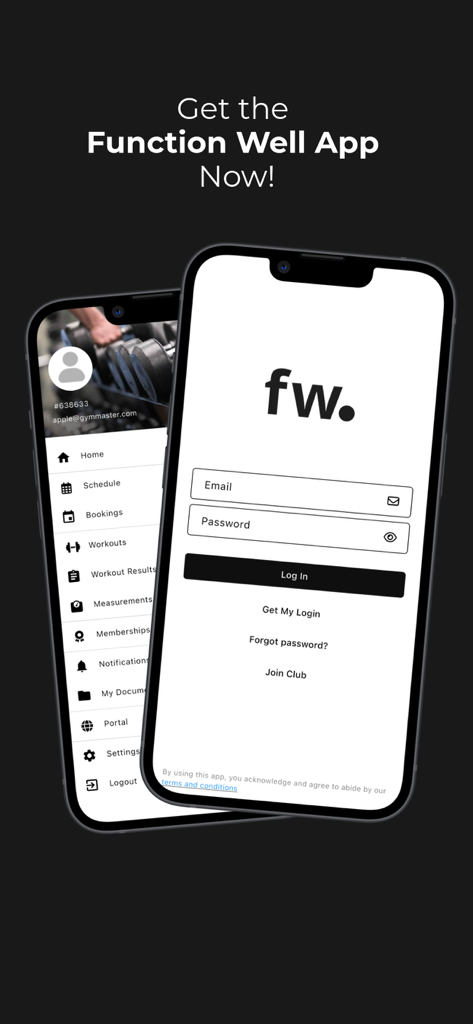 Function Well - Login page and side navigation menu of the Function Well fitness app displayed on two smartphones